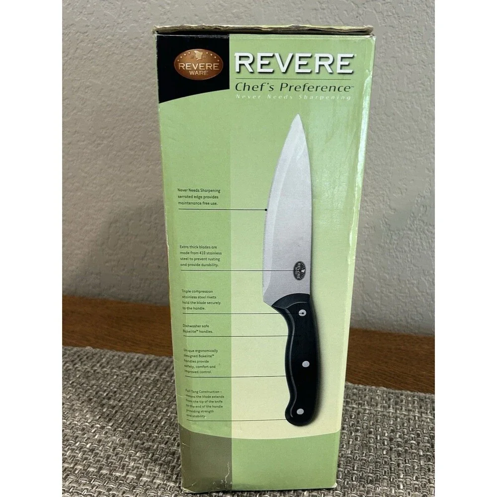 Revere Ware 6 Pc Knife Set W Wood Block Black Handles Never Needs Sharpening